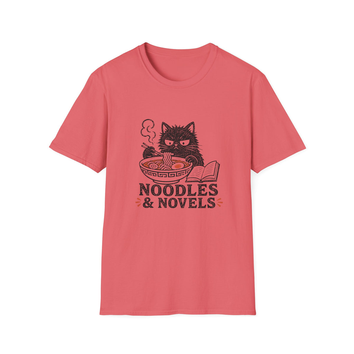 Noodles-and-Novels cat t-shirt in Coral Silk