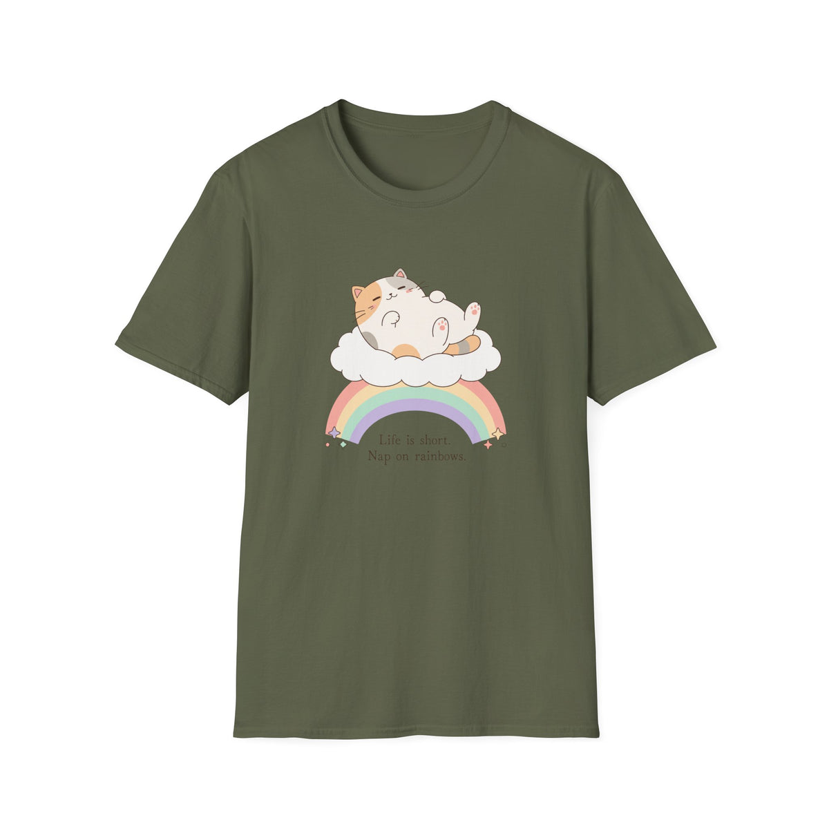 Nap On Rainbows cat t-shirt in Military Green