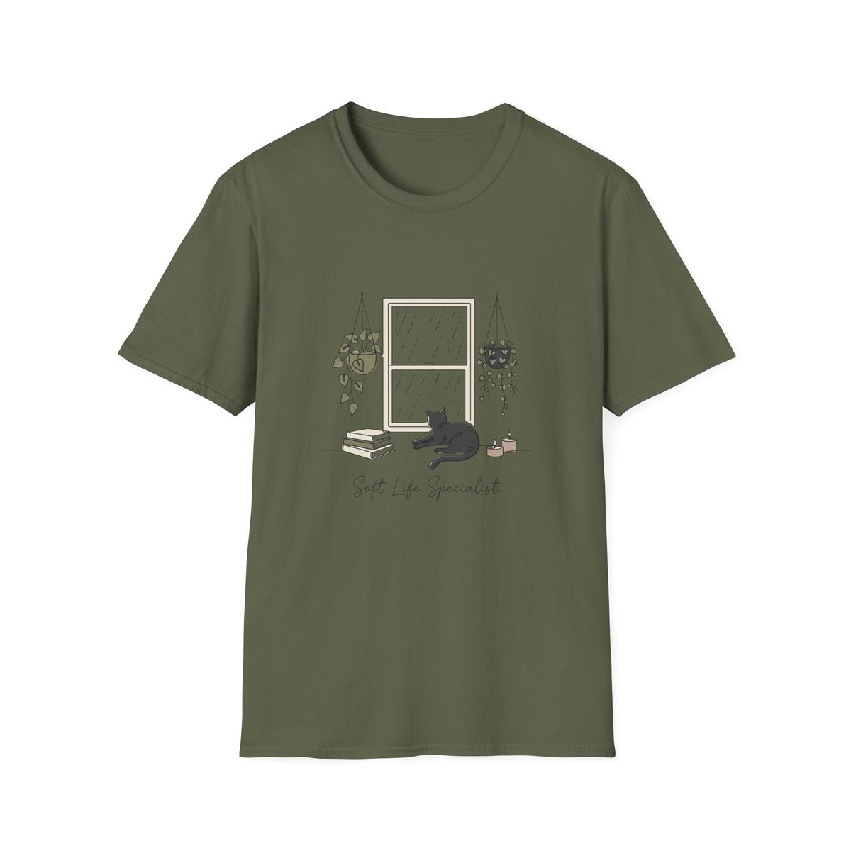 Soft Life Specialist cat t-shirt in Military Green